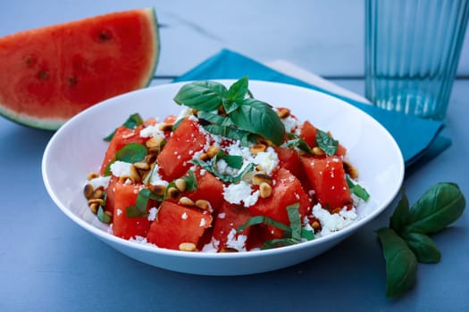 Summer melon feta salad with basil. High quality photo