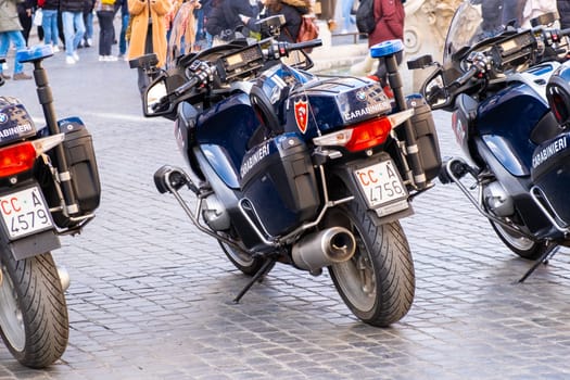 Police Carabinieri motorcycles parked on the street of Rome, June 2023, Rome, Italy