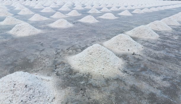 Sea salt farm. Pile of brine salt. Raw material of salt industrial. Sodium Chloride mineral. Evaporation and crystallization of sea water. White salt harvesting. Agriculture industry. Traditional farm