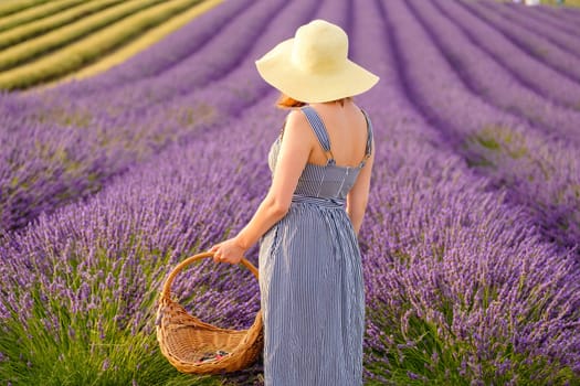 A young woman wearing a straw hat finds joy in strolling through a lavender field, her wicker basket filled with freshly picked violet flowers.