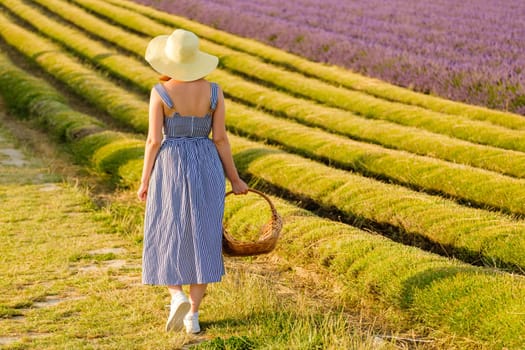 A woman in a straw hat carries a basket of purple flowers along a lavender field