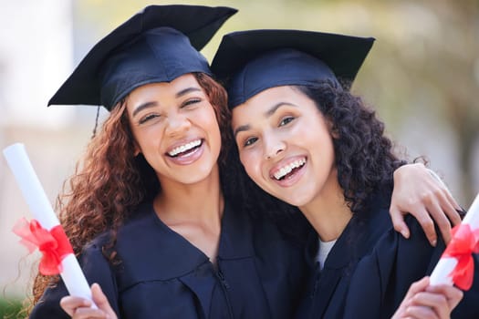 Graduation, hug and portrait of friends at college with diploma certificate for learning, scholarship and achievement. Study, education and university with students on campus for success and event.