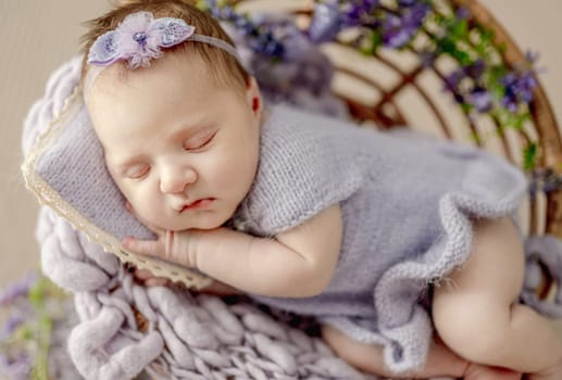 Newborn baby girl wearing knitted dress and wreath sleeping on chair decorated with purple flowers. Cute infant child kid napping