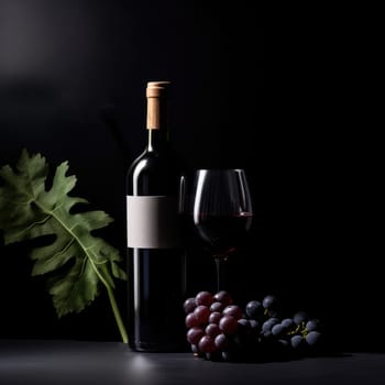 A bottle of red wine with a glass and winegrad on a dark background