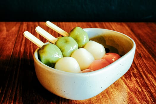 Dango .a Japanese dumpling made from rice flour mixed with uruchi rice flour and glutinous rice flour.