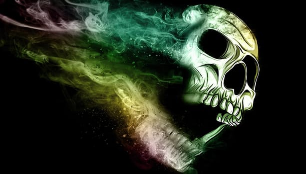 Scary skull emerging from a cloud of smoke high contrast image