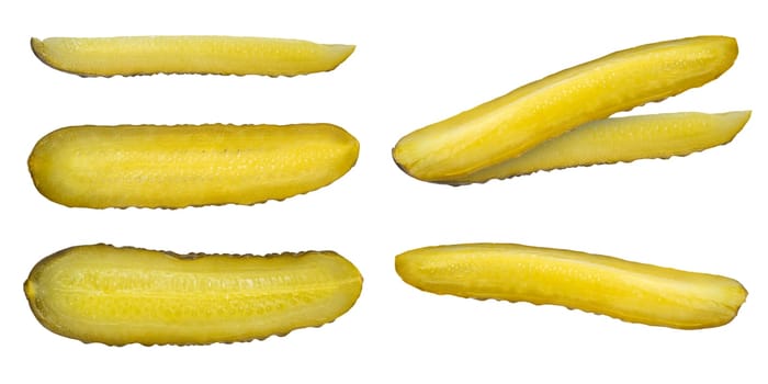 A set of slices of pickles on a white isolated background. Strips of pickled cucumbers on different sides. The concept of a delicious addition to a dish or ingredient for a hamburger