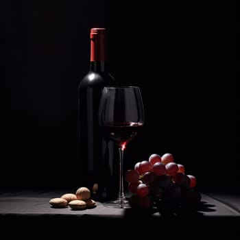 A bottle of red wine with a glass and winegrad on a dark background