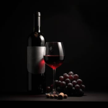 A bottle of red wine with a glass and winegrad on a dark background