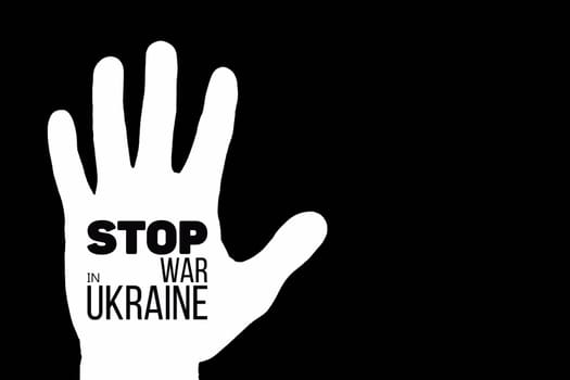 white palm with an inscription inside stop war in ukraine on black background. black and white color. concept needs help and support, truth will win