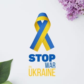 yellow and blue ribbon with flowers on white background with words stop war in ukraine. concept needs help and support, truth will win