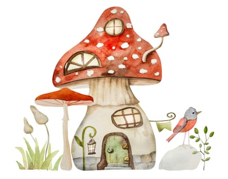Mushroom fairytale house watercolor painting. Cartoon fly agaric amanita home with windows and birds aquarelle drawing