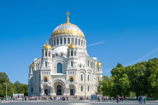 Kronstadt, St. Petersburg, Russia - June 12, 2023. View of the Kronstadt St. Nicholas Naval Cathedral.
