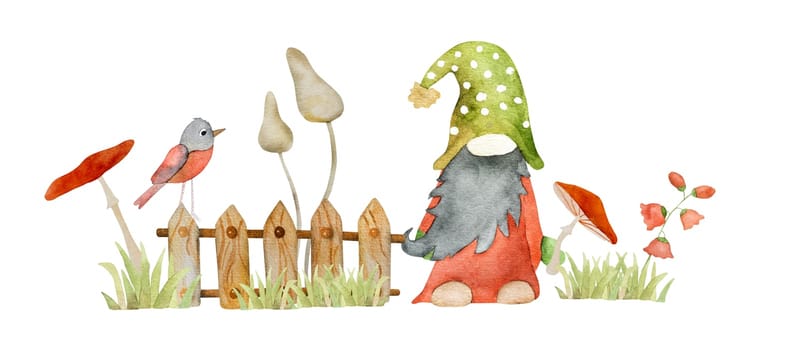 Forest dwarf with mushrooms and bird in garden watercolor painting. Fairytale character gnome with red chanterelle agaric cartoon aquarelle drawing