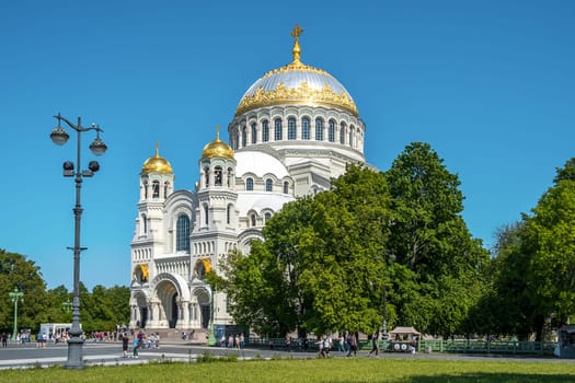 Kronstadt, St. Petersburg, Russia - June 12, 2023. View of the Kronstadt St. Nicholas Naval Cathedral.