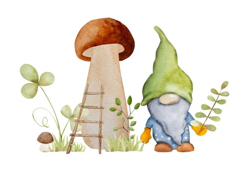 Forest dwarf with mushroom and ladder in garden watercolor painting. Fairytale character gnome with agaric and leaves aquarelle drawing