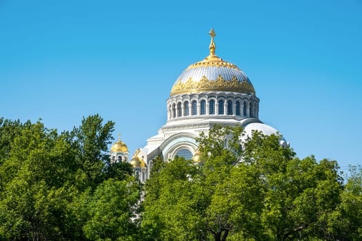 Kronstadt, St. Petersburg, Russia - June 12, 2023. View of the Kronstadt St. Nicholas Naval Cathedral.