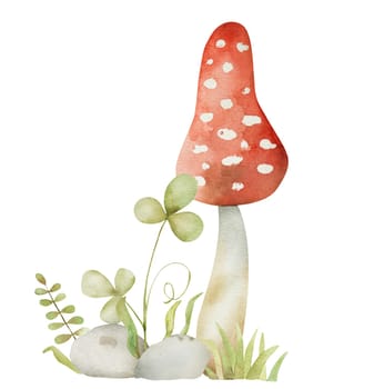 Forest red mushroom and green clover fairytale watercolor painting. Cartoon fly agaric amanita aquarelle drawing