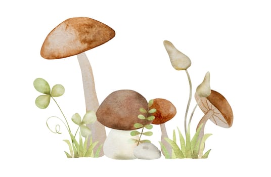 Forest red mushroom and green clover fairytale watercolor painting. Cartoon fly agaric amanita aquarelle drawing