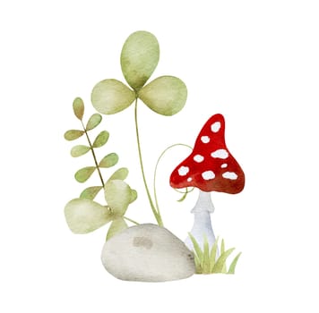 Forest red mushroom and green clover fairytale watercolor painting. Cartoon fly agaric amanita aquarelle drawing