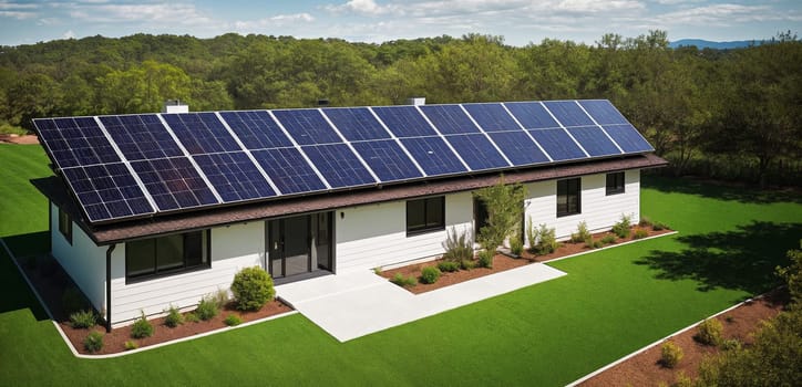 A house with eco-friendly solar panels for electricity on the roof on a sunny day. Angled top view. The concept of clean, sustainable and renewable energy. Generative AI