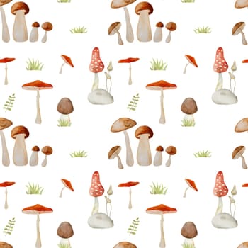 Forest mushrooms watercolor painting seamless pattern. Wood fungal vegetables fly agaric amarita and chanterelle aquarelle drawing