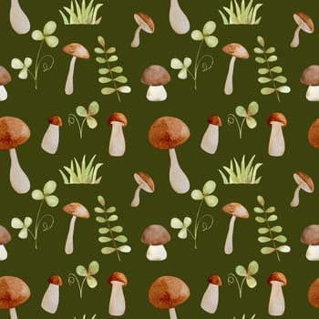 Forest mushrooms watercolor painting seamless pattern. Wood fungal vegetables and leaves aquarelle drawing on dark green background