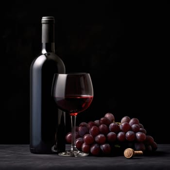 A bottle of red wine with a glass and winegrad on a dark background