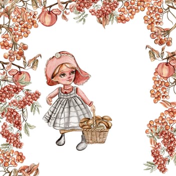 Composition of an autumn girl gnome . Hand drawn illustration of autumn. Perfect for scrapbooking, kids design, wedding invitation, posters, greetings cards, party decoration.