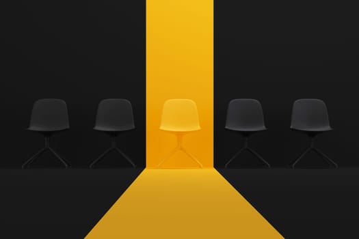Yellow chair standing out from the crowd. Human resource management and recruitment business concept. 3d rendering.