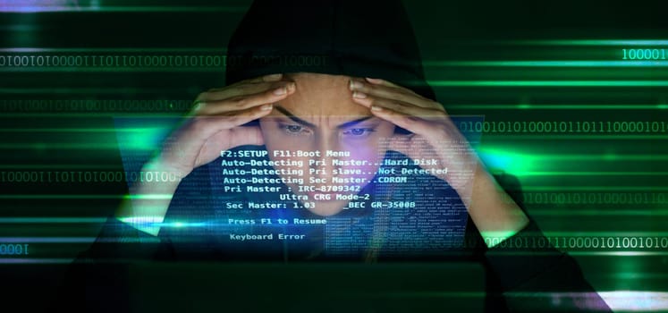 Hacker, code and stress with cyber crime, fear of getting caught and double exposure in IT, cybersecurity fail and software. Coding, programmer and glitch, person with headache and screen overlay.
