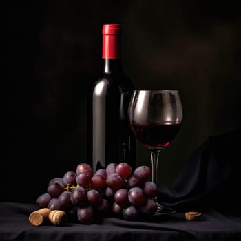 A bottle of red wine with a glass and winegrad on a dark background