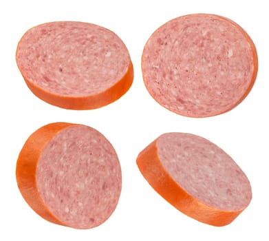 Salami sausage slices on a white isolated background. Salami slices from different sides. For inserting into a design, project, or for product packaging