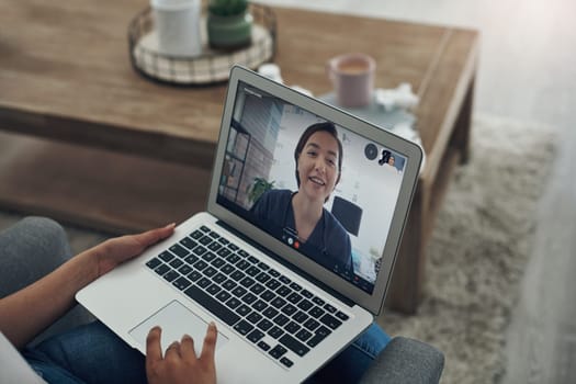 Laptop, remote consulting with a doctor and a patient in the home for healthcare, medical or insurance. Video call, communication and virtual with a person talking to a medicine professional online.