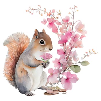 Cute squirrel with pink flowers watercolor Illustration isolated on white background. Generative AI