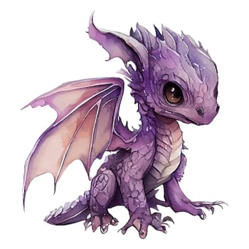 Cute purple baby dragon sitting isolated on white background. Watercolor style iilustration, Generative AI