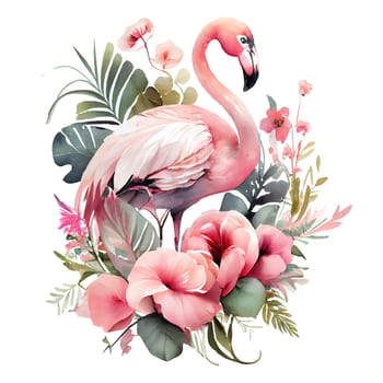 Flamingo with pink flowers watercolor Illustration isolated on white background. Generative AI