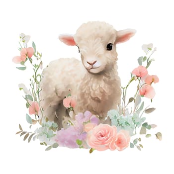 Cute baby lamb with pink flowers watercolor Illustration isolated on white background. Generative AI