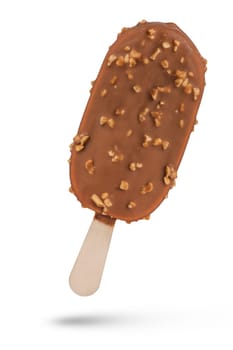 Ice cream on a stick, on a white isolated background. Ice cream covered with caramel chocolate with nuts. Ice cream scoop isolate for inserting into a design or project. High quality photo