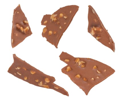 Chocolate pieces of ice cream in glaze with nuts. Pieces of chocolate on a white isolated background. Suitable for pasting into a design or project