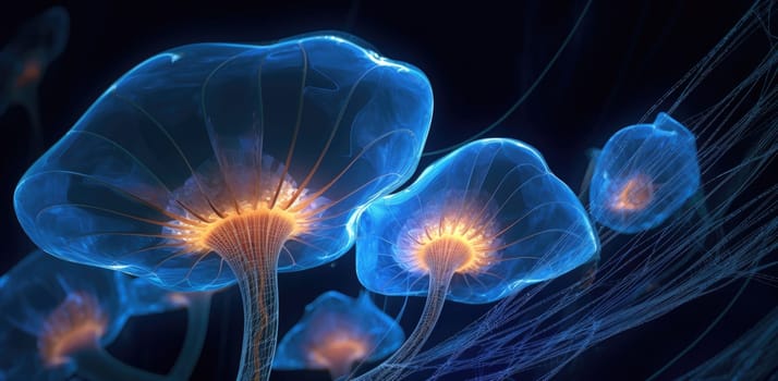 Transparent mushrooms or jellyfish. Microcosm of living organisms. The concept of nature