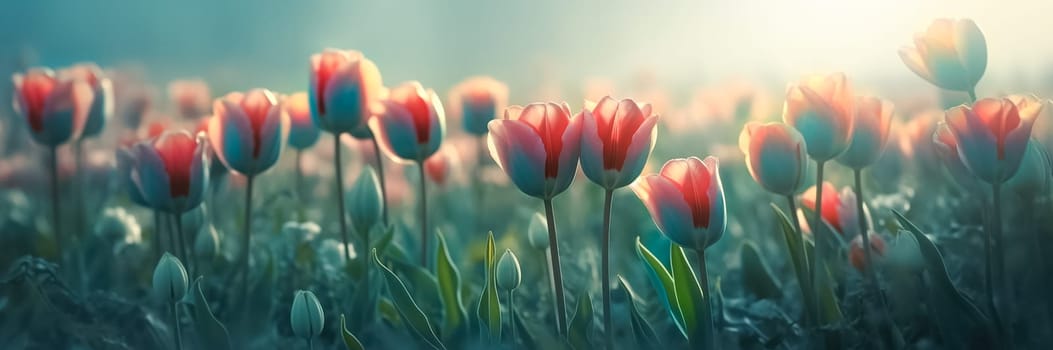 Beautiful field of orange and red tulips close up. Spring background with tender tulips. Floral background. Long spring banner.