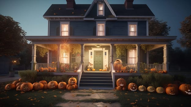 Night view of a house with halloween pumpkins . Ai generative