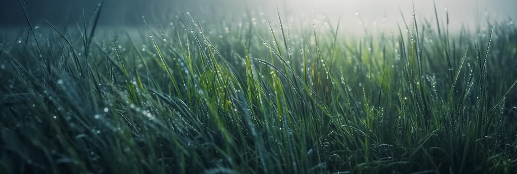 Beautiful long grass in dew and fog. Long banner with early morning grass. Juicy lush green blue grass on meadow with drops of water in morning in spring or summer outdoors panorama