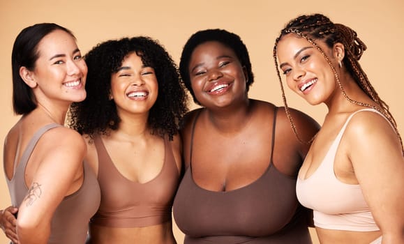 Friends, diversity and beauty of women in underwear in studio isolated on a brown background. Portrait, lingerie and self love of body positive happy girls with makeup, cosmetics and healthy skincare.