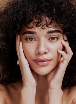 Beauty, portrait and natural face of black woman with healthy freckle skin texture touch. Aesthetic, facial and skincare cosmetic model girl touching cheeks for self love and wellness