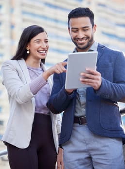 Business people, tablet and team outdoor in a city with internet connection for social media. A happy man and woman together on urban background with tech for networking, communication or online app.