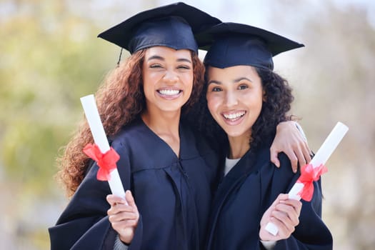 Graduation, university and portrait of friends at college with diploma certificate for learning, scholarship and achievement. Study, hug and education with women on campus for success and event.
