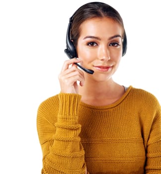 Call center, smile and portrait of woman isolated with consulting and communication on white background. Telemarketing, crm and girl in headset at help desk for customer service phone call in studio