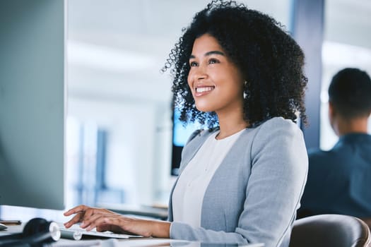 Woman, computer with tech support and typing email, consultant at desk with smile and online customer service. Contact center, communication and happy female agent with feedback and help at agency.